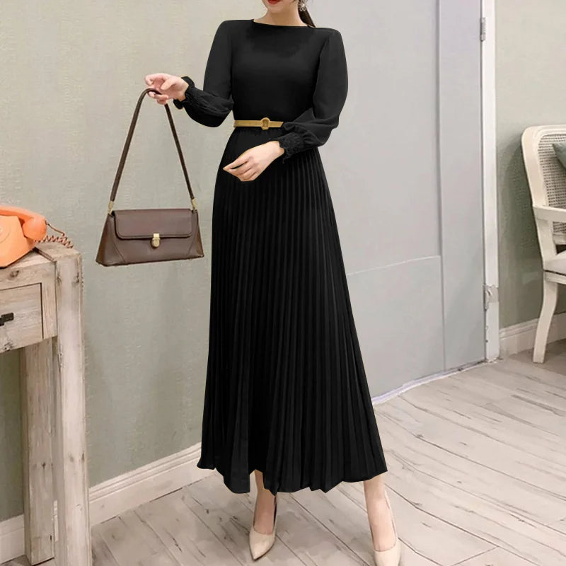 ZANZEA Elegantes Damen-Plisseekleid, edel, gesmokte Bündchen, langärmelig, O-Ausschnitt, Fit und Flare, lang, Vestidos, Pendeln, solide Party-Roben.