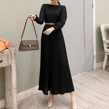 ZANZEA Elegantes Damen-Plisseekleid, edel, gesmokte Bündchen, langärmelig, O-Ausschnitt, Fit und Flare, lang, Vestidos, Pendeln, solide Party-Roben.