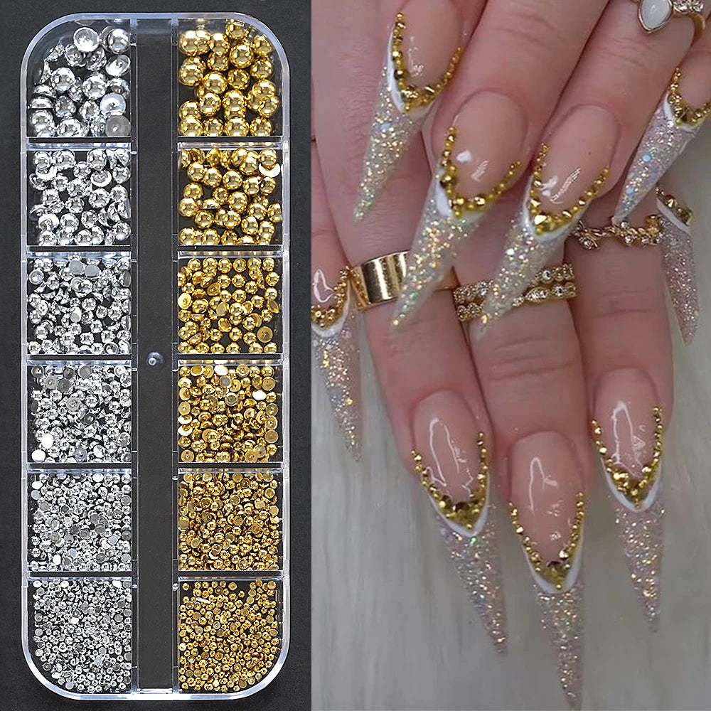 12Grids Moon Star Nails Gold Metallic Nail Sequins Charms 3D Nail Art Tips Decoration  3D Metal Moon Star Sun Bead Rivet Nail Je.
