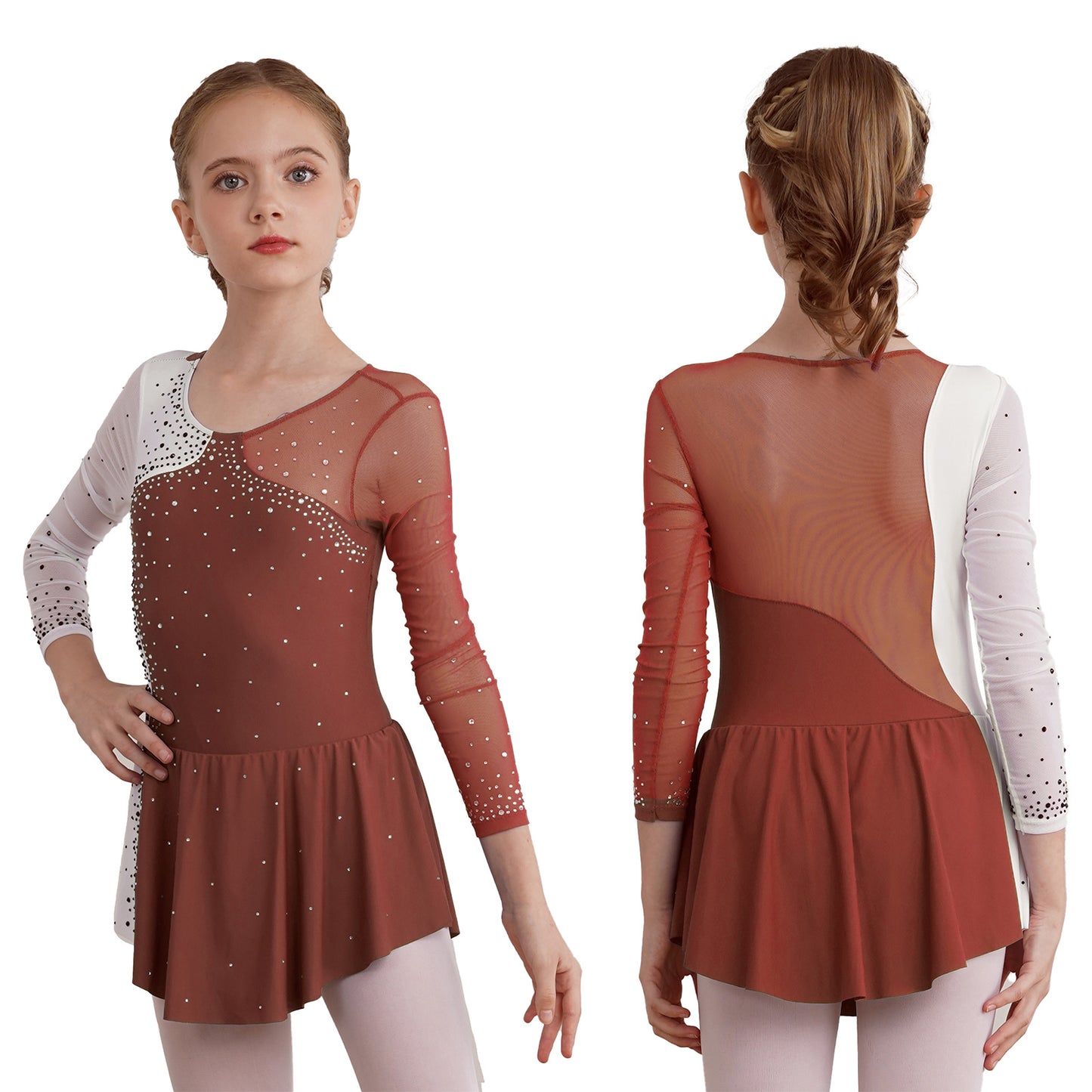 6-16Y Mädchen Eiskunstlauf Tanz Kleid Ballett Gymnastik Trikot Langarm Shiny Strass Sheer Mesh Leistung Dancewear