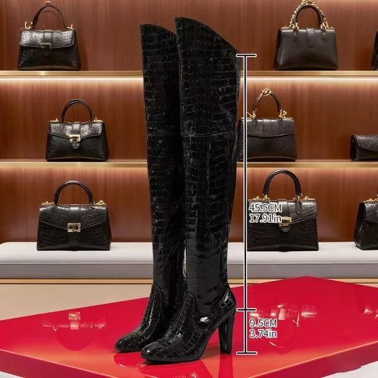 Sexy Women's Over Knee High Boots Black Square Toe Kitten Heel Knee High Boots Luxury Nightclub Boots Women.