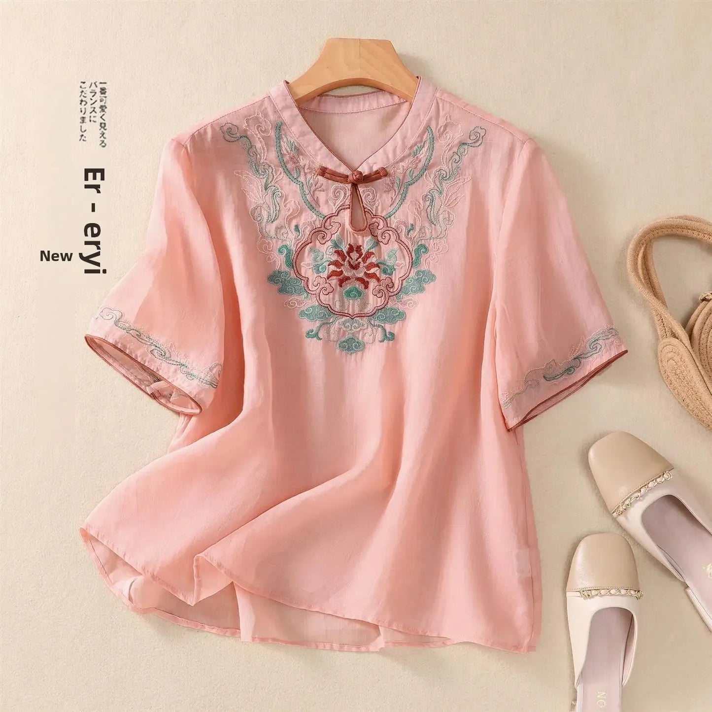 Retro Chinesischen Stil Lose Fit Baumwolle Leinen Kurzarm Shirt frauen Sommer Schwere Stickerei Abnehmen Top Flagge Kleid