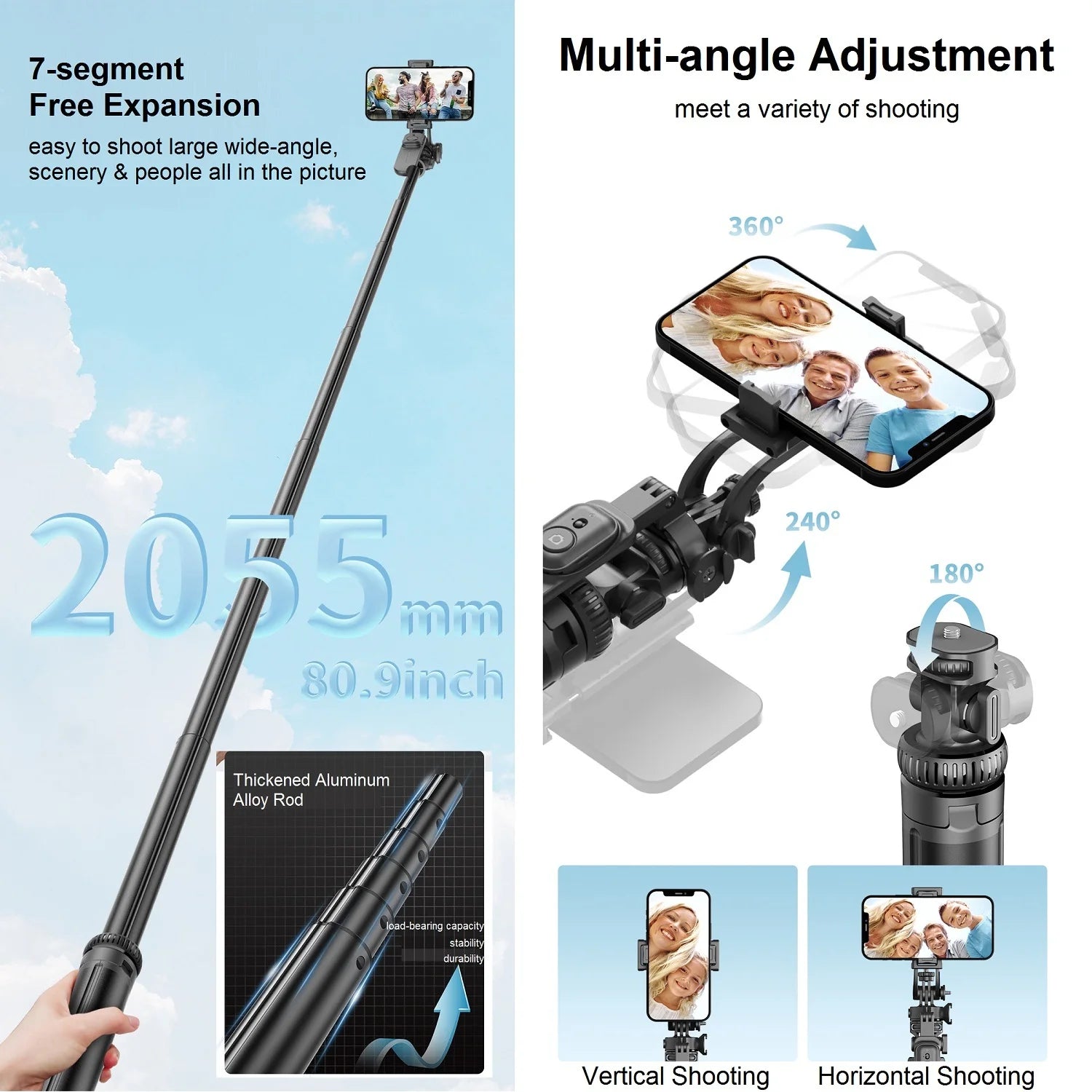 Selfie Stick Tripod with Remote for iPhone Phone Gopro DSLR Camera, 2.0m Extendable Phone Tripod Cold Shoe Mount for Vlog Videos.