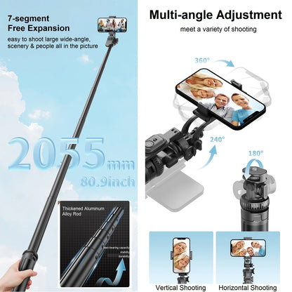 Selfie Stick Tripod with Remote for iPhone Phone Gopro DSLR Camera, 2.0m Extendable Phone Tripod Cold Shoe Mount for Vlog Videos.