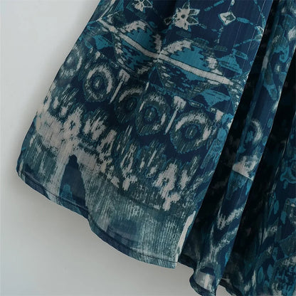 2024ZAR * Spring/Summer New Women's French Metallic Line Printed Cover Up High Waist Elastic Lace up Long Dress.