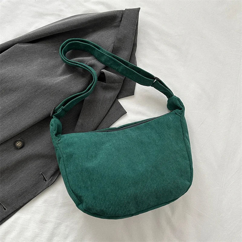 Corduroy Shoulder Bag Minimalist Crossbody Bag Women's Handbags Fashion Fabric Underarm Bag Solid Color Zipper Female Handbag.