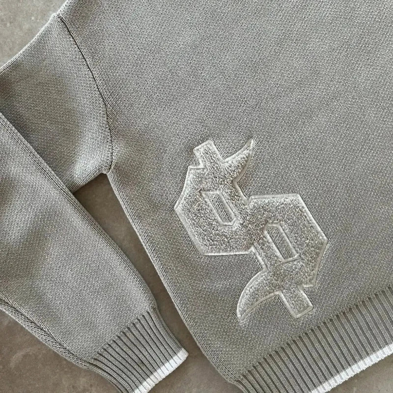 European American autumn and winter round neck gray knitted sweater popular pattern Y2K pullover warm men and women's clothes.