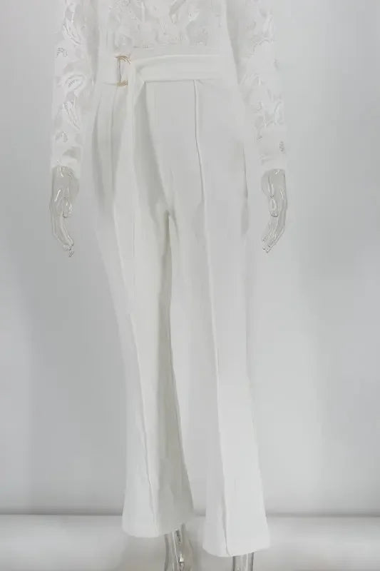 White Lace Jumpsuit Women Sexy V Neck Lace-up Stitching Long Sleeve Wide Leg Long Pants Office Lady Romper Overalls Jumpsuits.