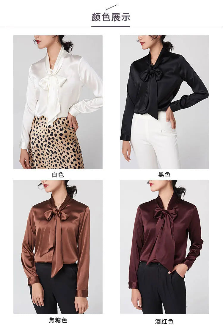 Heavyweight Mulberry Silk Shirt Women's 2025 Spring And Autumn New Long Sleeve Satin Silk Blouse V-neck Bow Ribbon Shirt.