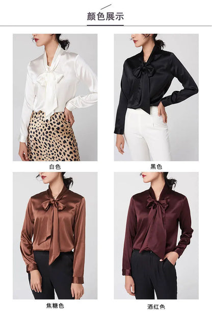Heavyweight Mulberry Silk Shirt Women's 2025 Spring And Autumn New Long Sleeve Satin Silk Blouse V-neck Bow Ribbon Shirt.