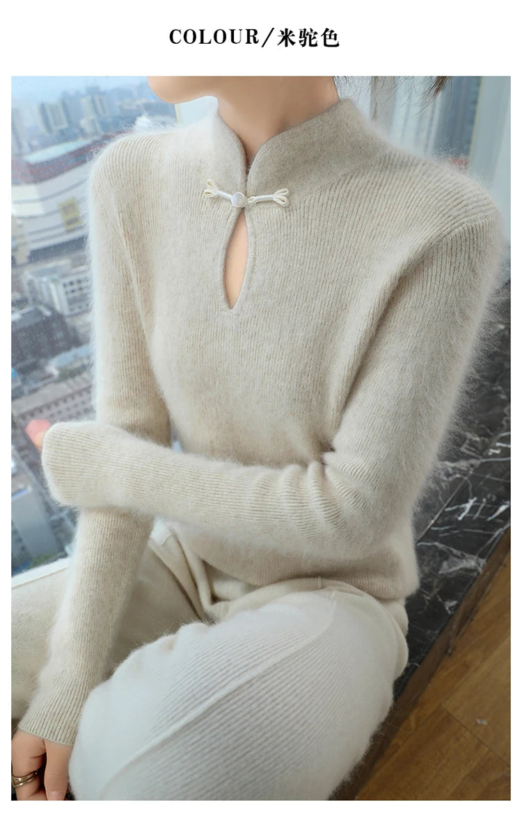 2024 autumn winter new 100% mink cashmere sweater women's pullover slim-fit long sleeve solid color stand collar bottom knitwear.