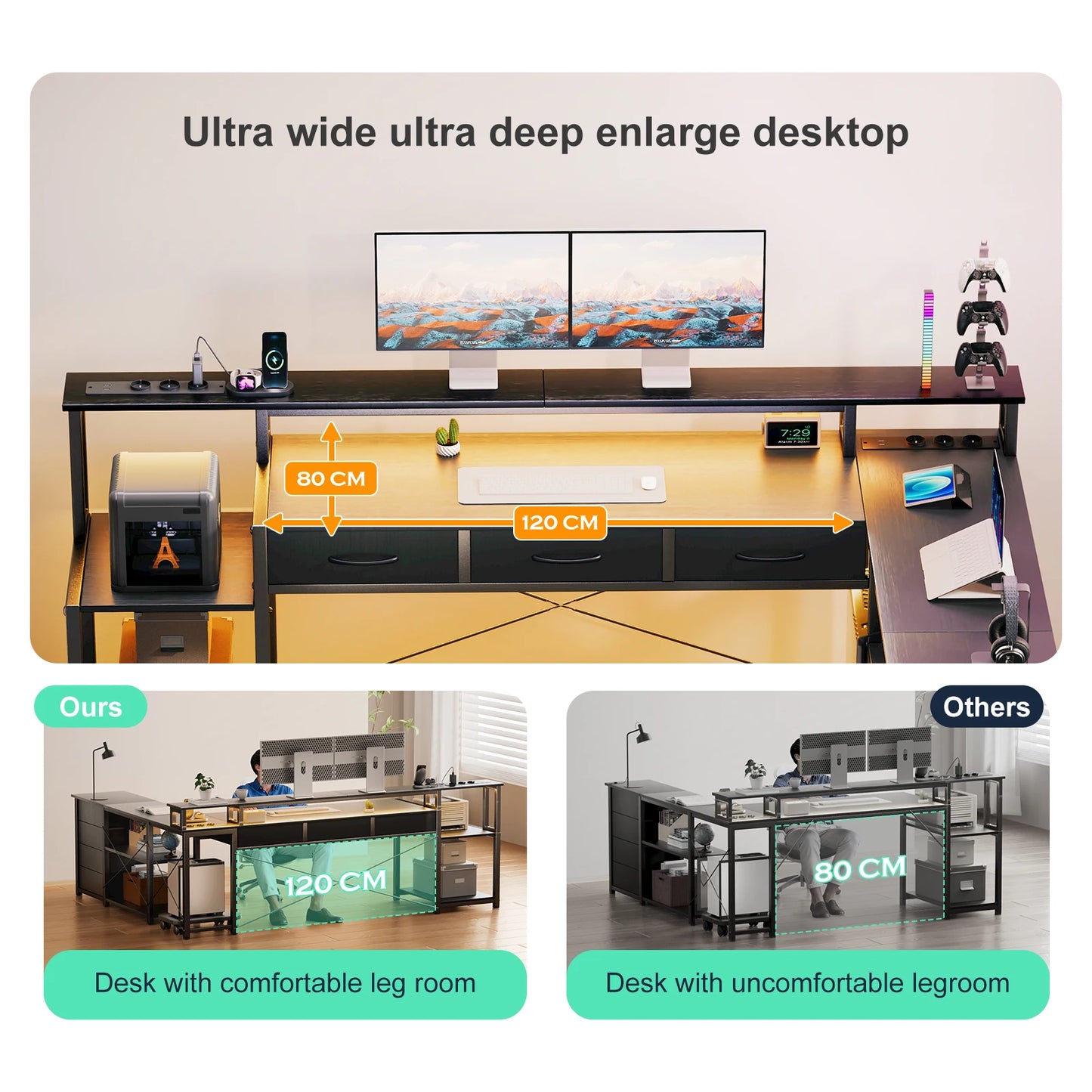 Schwarzer L-förmiger Schreibtisch mit LED Beleuchtung USB Steckdosen und Schubladen Gaming Computertisch 200cm