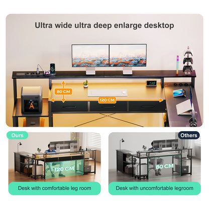 Schwarzer L-förmiger Schreibtisch mit LED Beleuchtung USB Steckdosen und Schubladen Gaming Computertisch 200cm