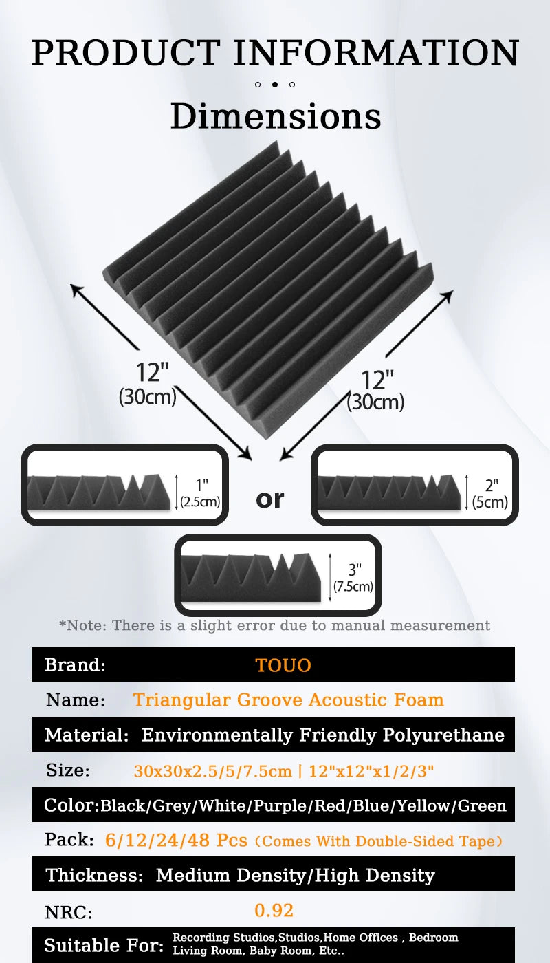 TOUO Sound-Absorbing Foam 6-48 Pcs Acoustic Foam Panels Wall Soundproofing Studio Acoustic Treatment Sound Absorbing Material