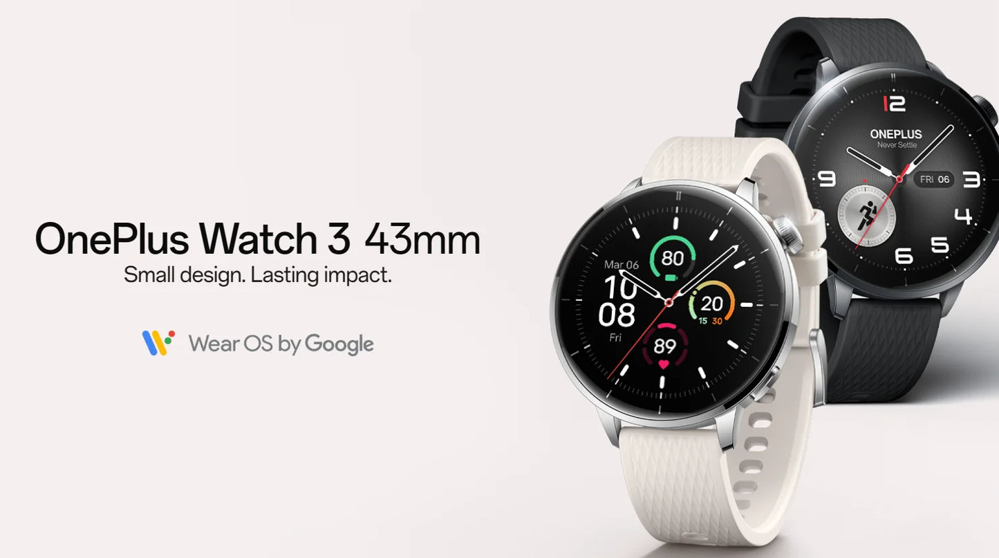 OnePlus Watch 3 43mm Smartwatch 1.32 inches AMOLED  Display Snapdragon W5 Gen 1,7 days Battery Bluetooth 5.2 NFC Google Wallet,SpO2,Sleep Blood Oxygen,Heart rate tracking,100+ original watch faces and Google play.