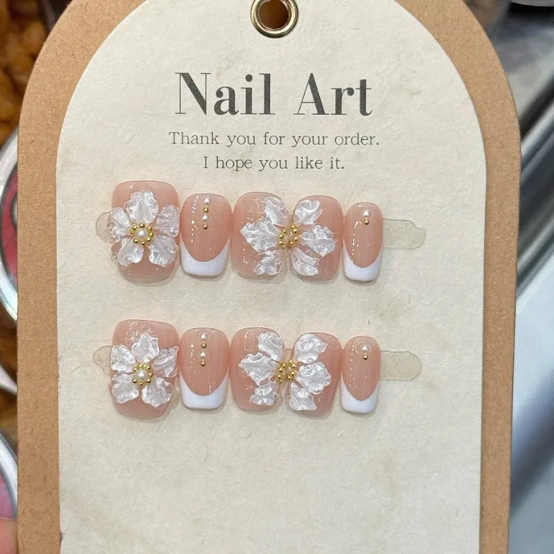 10Pcs French Handmade Press on Nails White Flower Fake Nails Wearable Stick-on Nails Full Cover False Nail Накладные Ногти 네일팁.