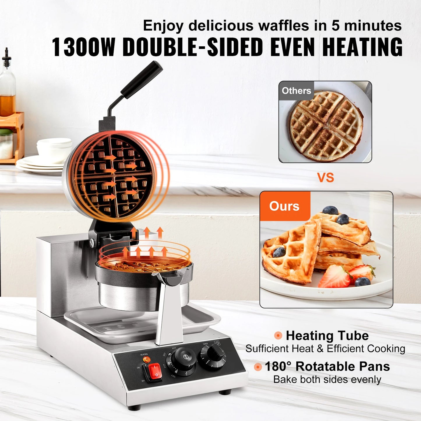 SucceBuy Electric Waffle Maker Stainless Steel Round Waffle Iron Non-Stick Waffle Baker Machine Teflon-Coated Baking Pans.