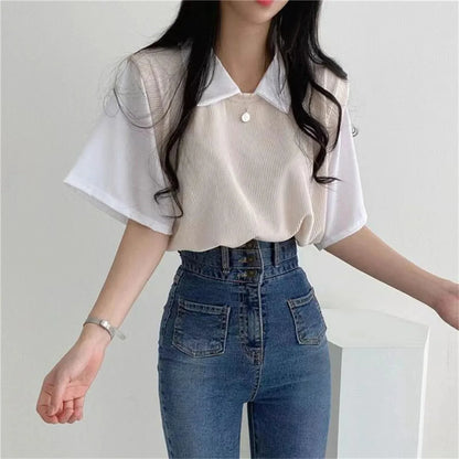 Summer Blouse Women Korean Style False Two-piece Polo Collar Blouses Y2k Tops Streetwear Loose Youth Pullovers Elegant Shirt.