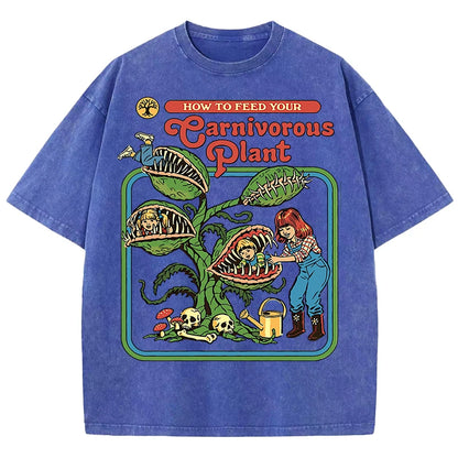 Earnivorous Plant Pattern Washed T-Shirts Men Breathable Cotton Casual T Shirt Soft Summer Comfortable Crewneck Short Sleeve