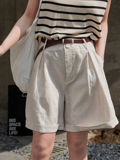 Summer Korea Style Lazy Linen Curled Bermuda Shorts Wide Leg Loose Slim Casual Hot Pants For Women.
