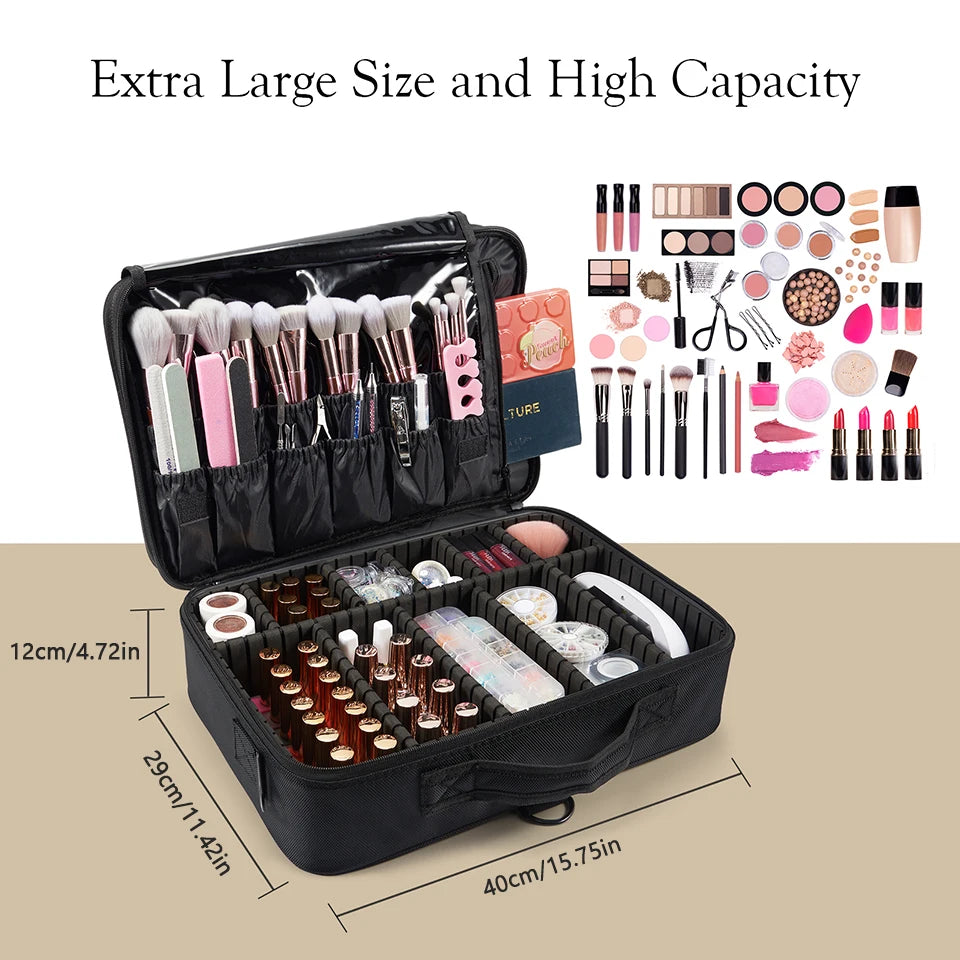 Professional Makeup Bag Extra Large Cosmetic Train Case Make Up Brush Organizer Storage Box Manicure Artist Bags with Dividers.