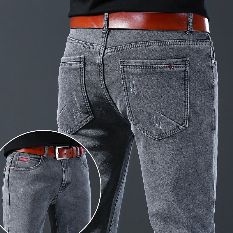 Winter Hot Sale Of The Season Trendy Stretchy Fleece Lined Thick Denim Mid Waist Fashionable Casual Warm Long Pants Men's Jeans.