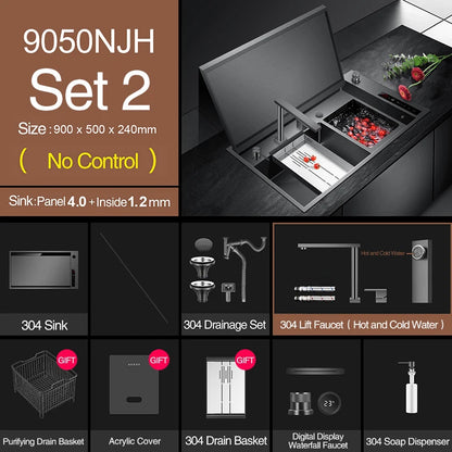 ASRAS Hidden Double Sinks Smart Purifying Kitchen Island Sinks Flip Cover Hidden 4mm Thickness Handmade kitchen Sinks