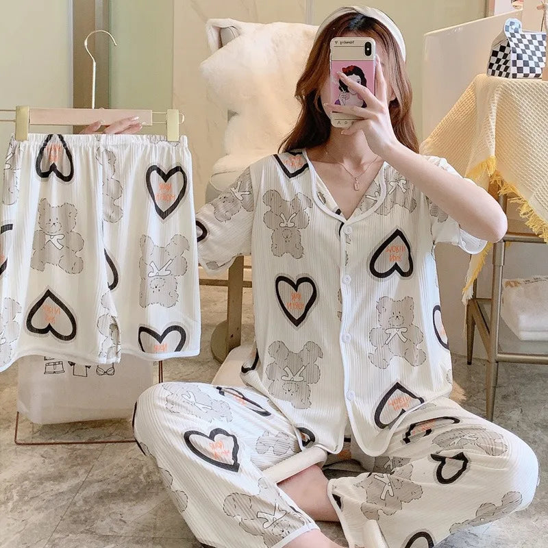 2023 neue Damen dreiteilige Pyjamas Frauen bedruckte Pyjamas Home Sets Pyjama Sets süße Mädchen Homewear.