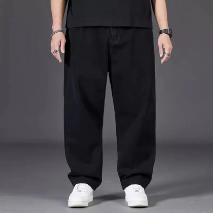 Plus Size Jeans Men's Autumn Loose-Fit Straight-Leg Casual Denim Pants Elastic Waist Wide-Leg Design For Plus Size Men.