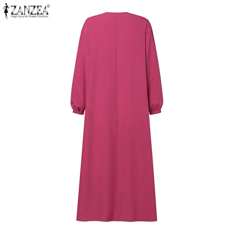 ZANZEA O Neck Casual Loose Maxi Dress Tiered Islamic Hijab Women Long Sleeve Long Vestidos Muslim Fashion Autumn Abaya Robes.