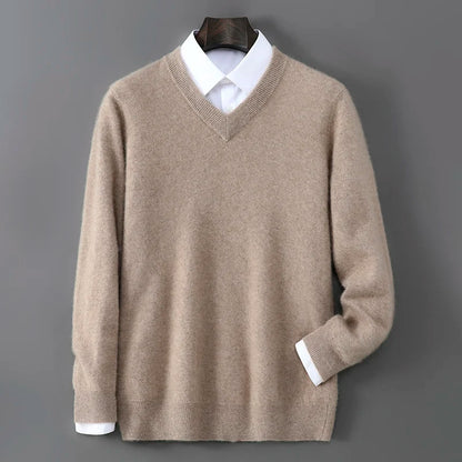2025 Autumn Winter New Men's Wool Sweater Solid Color V-Neck Pullover Sweater Casual Loose Business Knit Plus Size Base Sweaters