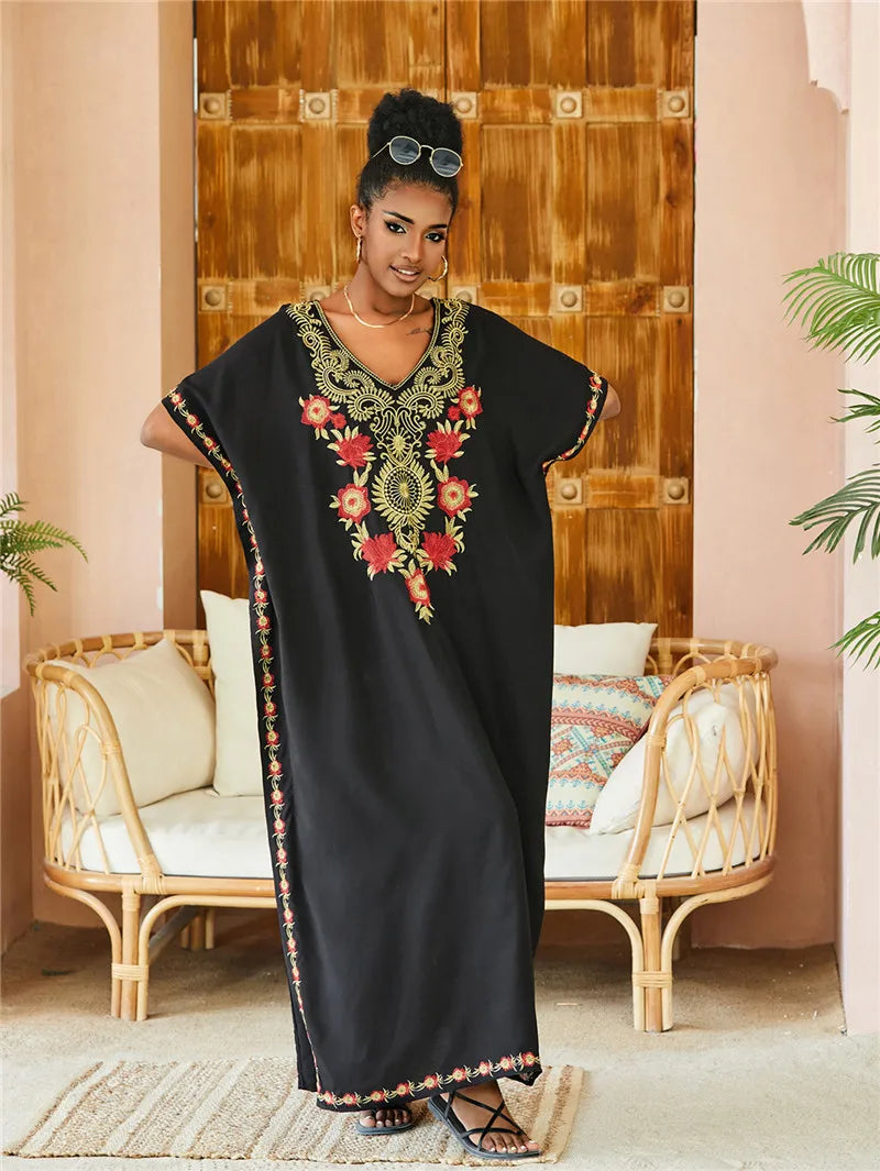 Women Embroidered Kaftan Dress Caftan Loungewear Long Bathing Suit Cover Up Beach Wear Vacation Outfit Loose Summer Women's Robe.