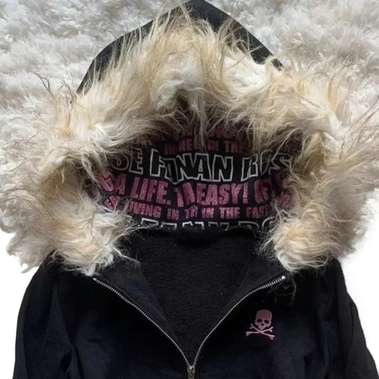 High street retro women hooded winter new item Harajuku multifunctional long sleeved wool warm zipper Gothic Y2K long sleeved.