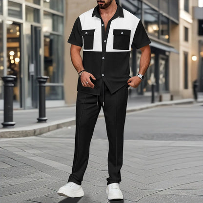 2025 Summer New Men Light Ripe Casual solid Color Button Pocket Fashion Waffle trend Shirt Short-Sleeved Trousers Two-piece Set.