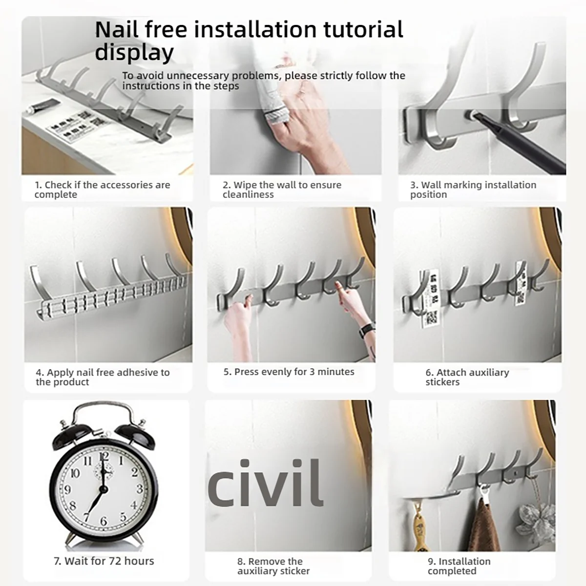 Space Aluminium-Badezimmerhaken hinter der Tür, hohllose Badezimmerhaken, Schlafzimmeraufbewahrung, Wandaufhängerhaken