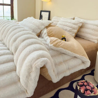 2024 new rabbit velvet milk velvet thickened rabbit fur warm four-piece set, 1.5m 1.8m bed sheet four-piece set