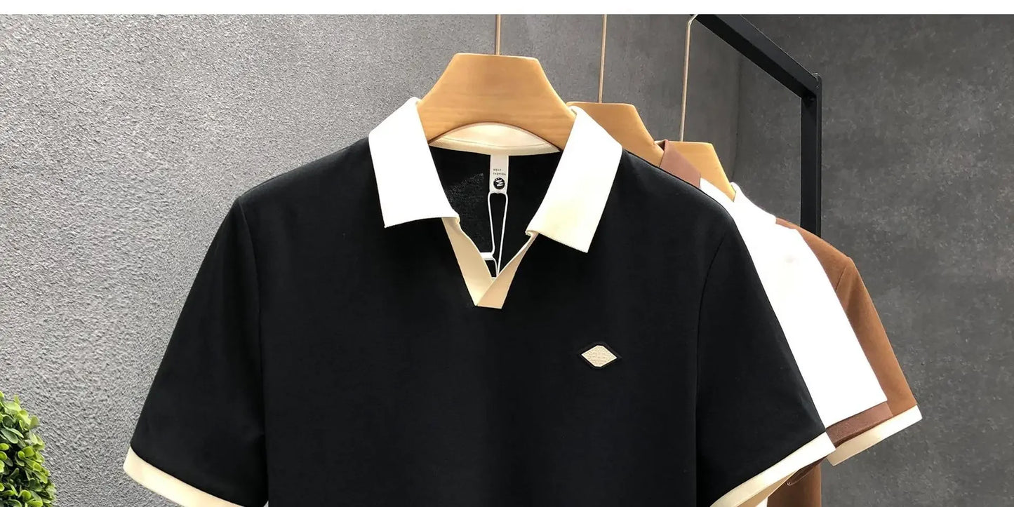 Men's Casual Polo Shirt Collared Short Sleeve Pique Cotton Breathable V-Neck Color Block Half Sleeve Summer Loose Top.