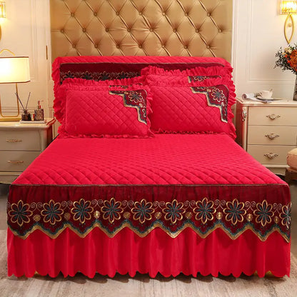 European Luxury Quilted Bed Skirt Winter Warm Thicken Velvet Bedspread King Good Hand Feeling Bed Skirt Not Included Pillowcase