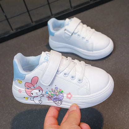 Baby Girls White Shoes Kids Casual Sneakers Cartoon Soft Breathable Fashion Children White PU Leather Shoes Size 26-37