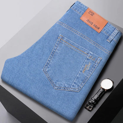 2024 New Brand Men's Fit Straight Lightweight Cotton Stretch Denim Pants Casual Male High Waist Thin Light Blue Business Jeans.