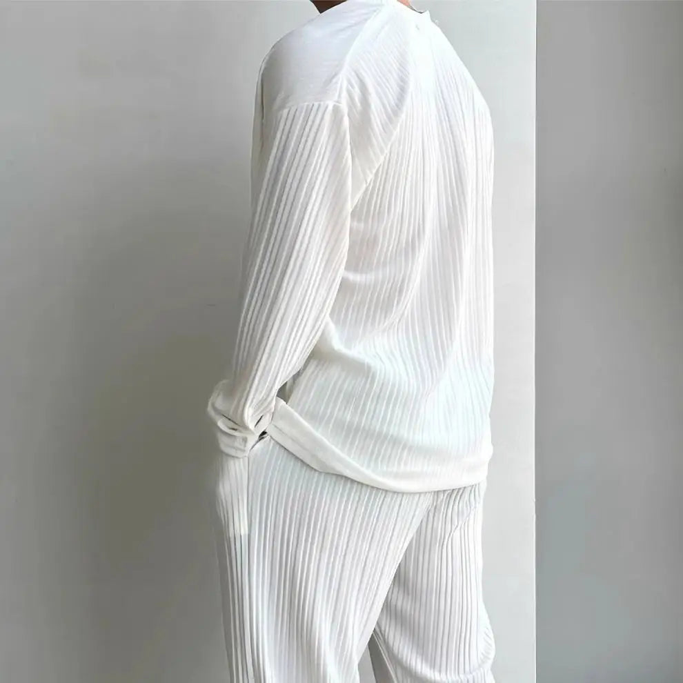 Thin Solid Color Sexy Deep V Cardigan Knitted Sweater Shirt Casual Fashion Suit Two-piece Sets for Men.