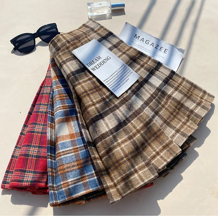 Plaid Woolen Blends Pleated Skirt For Women Fall Winter High Waist A-line Skirt Ladies Fashion Khaki Mini Skirts Vintage Female.