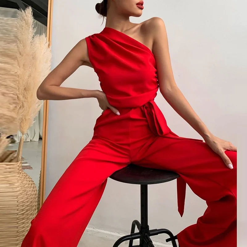Women Elegant Slash Collar Straight Romper Sexy Off Shoulder Suit One Piece 2023 Fashion Lady High Waist Bow Solid Jumpsuits.