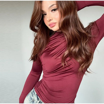 Turtleneck Women Tees Sexy Slim Long Sleeve Pleated All-match Basic Lady T-shirts Spring Autumn Fashion Chic Female Top 2025.