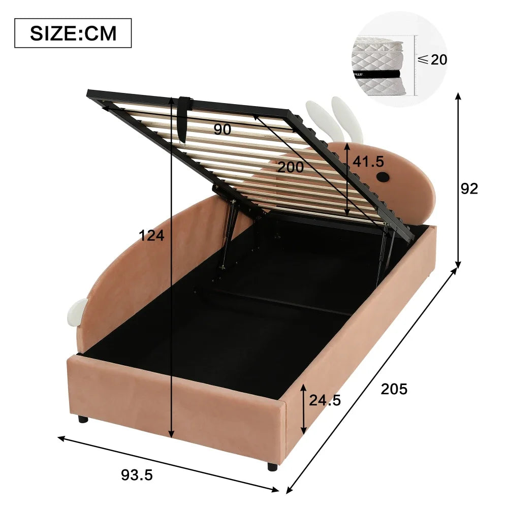 Polsterbett, Einzelbett, Babybett, niedlicher Hasenkopf, hydraulisches Bett mit Stauraum, erhöhter weicher Zaun, Samt, rosa + weiß, 90 x 200 cm