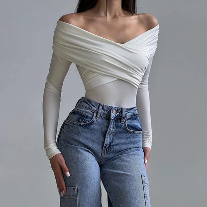 Y2K Women Sexy Off Shoulder Bodysuit Solid Color Long Sleeve Skinny Romper Crossed Folds Fashion Streetwear Autumn.
