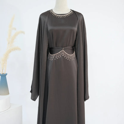 Ramadan Muslim Women 2 Piece Set with Chain Party Dresses Abaya Eid Jalabiya Sashes Diamond Morocco Dubai Kaftan Cardigan Robe