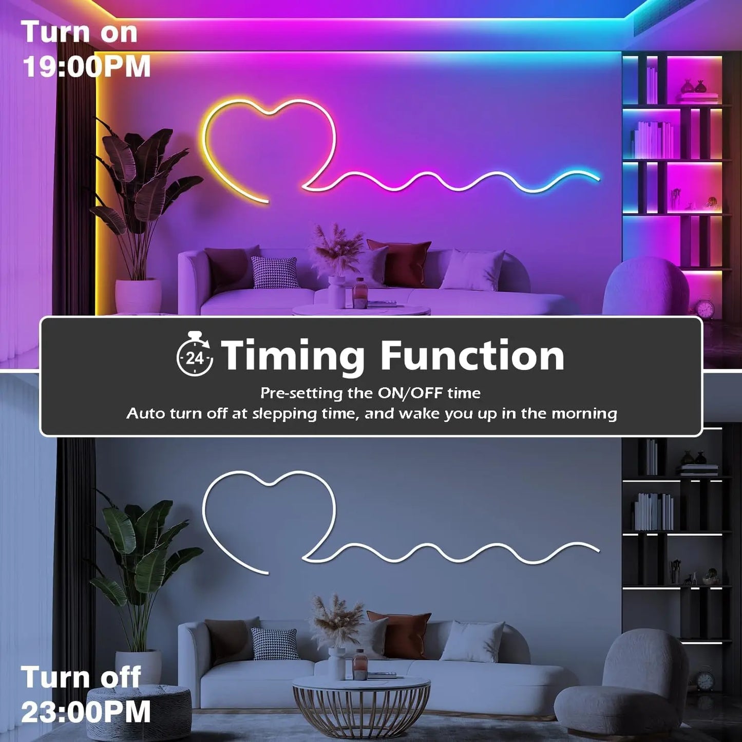 LED-Neon-Lichterkette mit App/Fernbedienung, 24 V, Musik-Synchronisierung, wasserdicht, flexibel, DIY-Design, RGB-Streifenlichter für Schlafzimmerparty.
