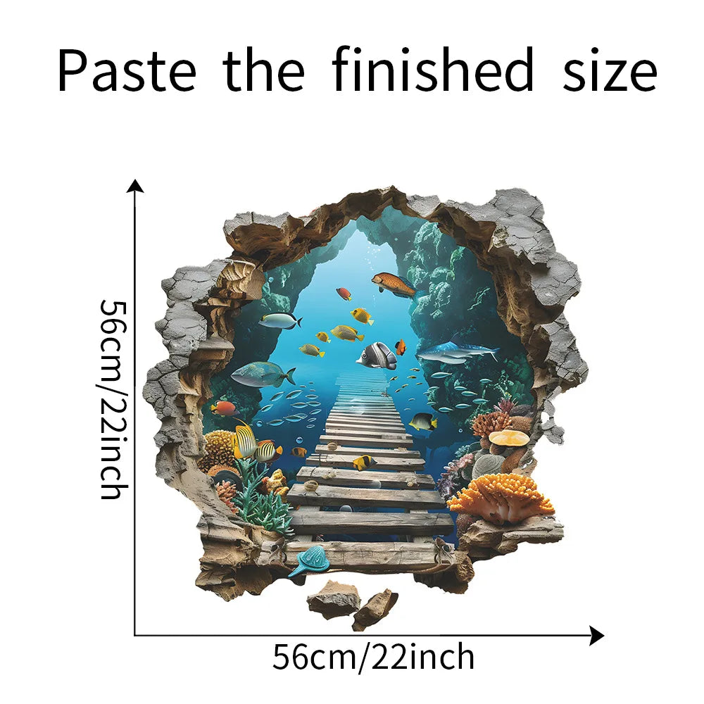 Sea View Mural Seabed Fish Shark 3D PVC Broken Wall Art Stickers Home Decoration for Room Ceiling Poster Floor Wallpaper.