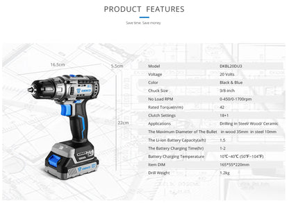DEKO 20 V DKBL20DU3 Bürstenloser Akku-Bohrschrauber Combo Kit Mini-Elektroschrauber 2-Gang-Elektrowerkzeuge für die Holzbearbeitung